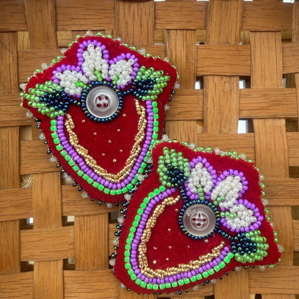Native Handcrafted Beaded Strawberry Earrings. Raised beaded Iroquois style.